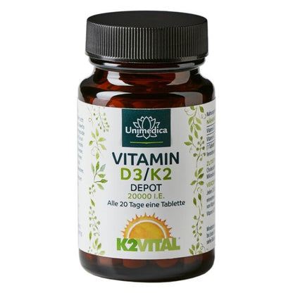 Vitamin D3 / K2 MK7 All - trans Depot - D3 20.000 I.E. 500µg / K2 200 µg (1 Tablette) - 180 Tabletten - NahrungsergänzungUnimedica Kornkammer Natur
