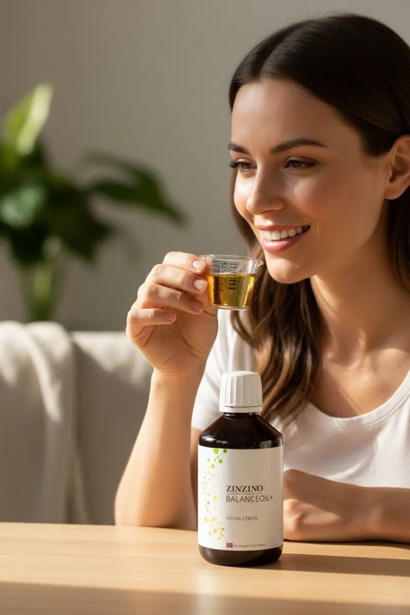 BalanceOil+ Vegan mit Omega-3  - Zinzino 300 ml - Frau trinkt Öl