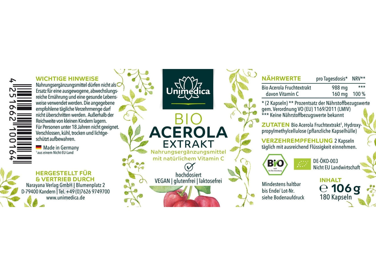 Bio Acerola Extrakt - 180 Kapseln - Nahrungsergänzung - Unimedica Kornkammer Natur - Etikett