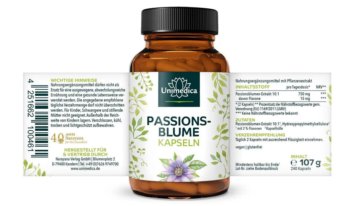 Passionsblume - 750 mg pro Tagesdosis (2 Kapseln) - 240 Kapseln - Nahrungsergänzung Unimedica Kornkammer Natur