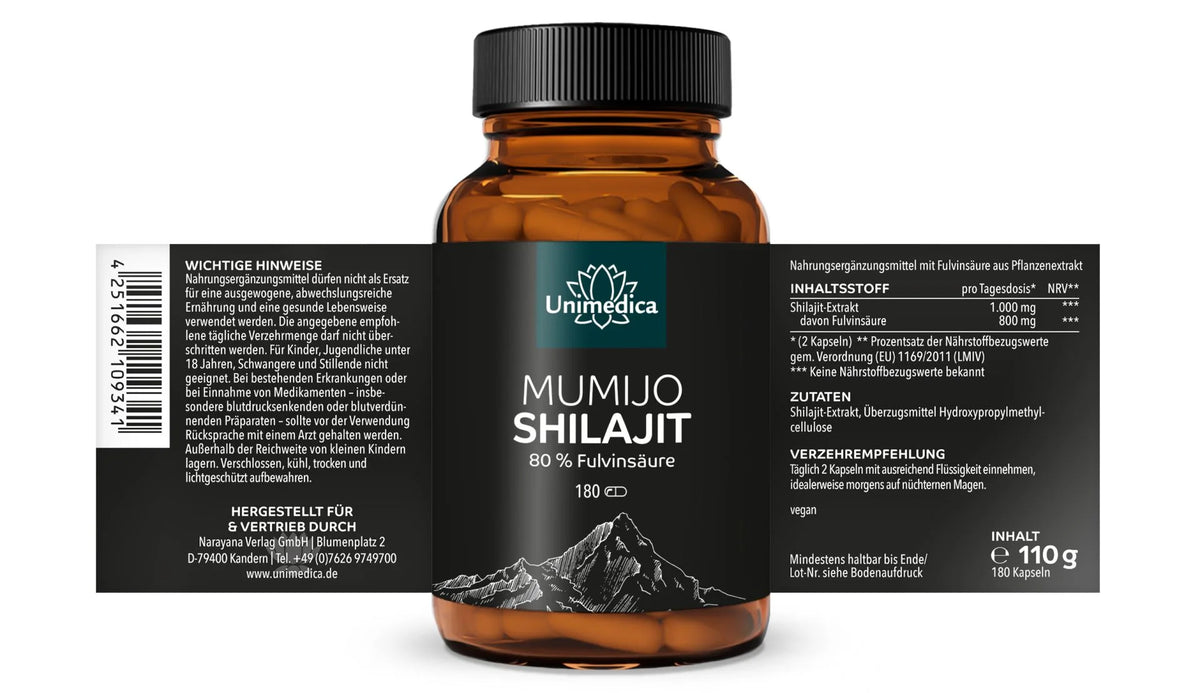 Mumijo Shilajit mit 80% Fulvinsäure - 180 Kapseln - Nahrungsergänzung Unimedica Kornkammer Natur