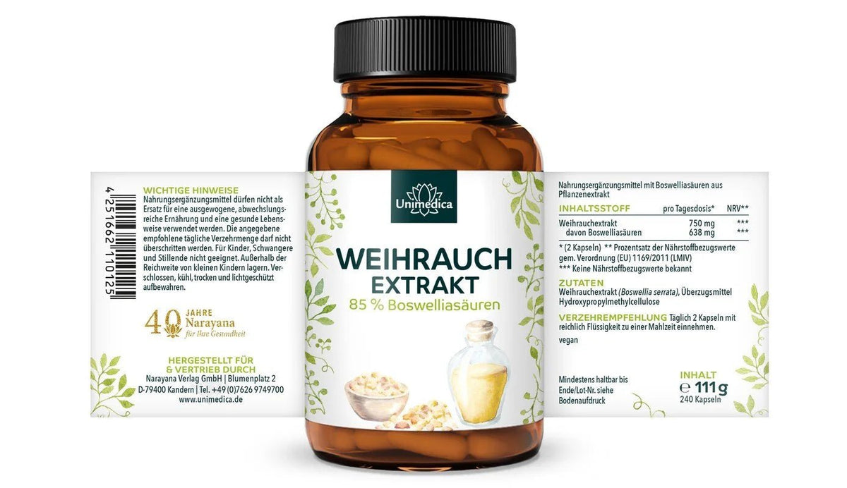 Weihrauch Extrakt - 85 % Boswelliasäuren - 375 mg pro Kapsel - 240 Kapseln - NahrungsergänzungUnimedica Kornkammer Natur
