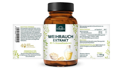 Weihrauch Extrakt - 85 % Boswelliasäuren - 375 mg pro Kapsel - 240 Kapseln - NahrungsergänzungUnimedica Kornkammer Natur